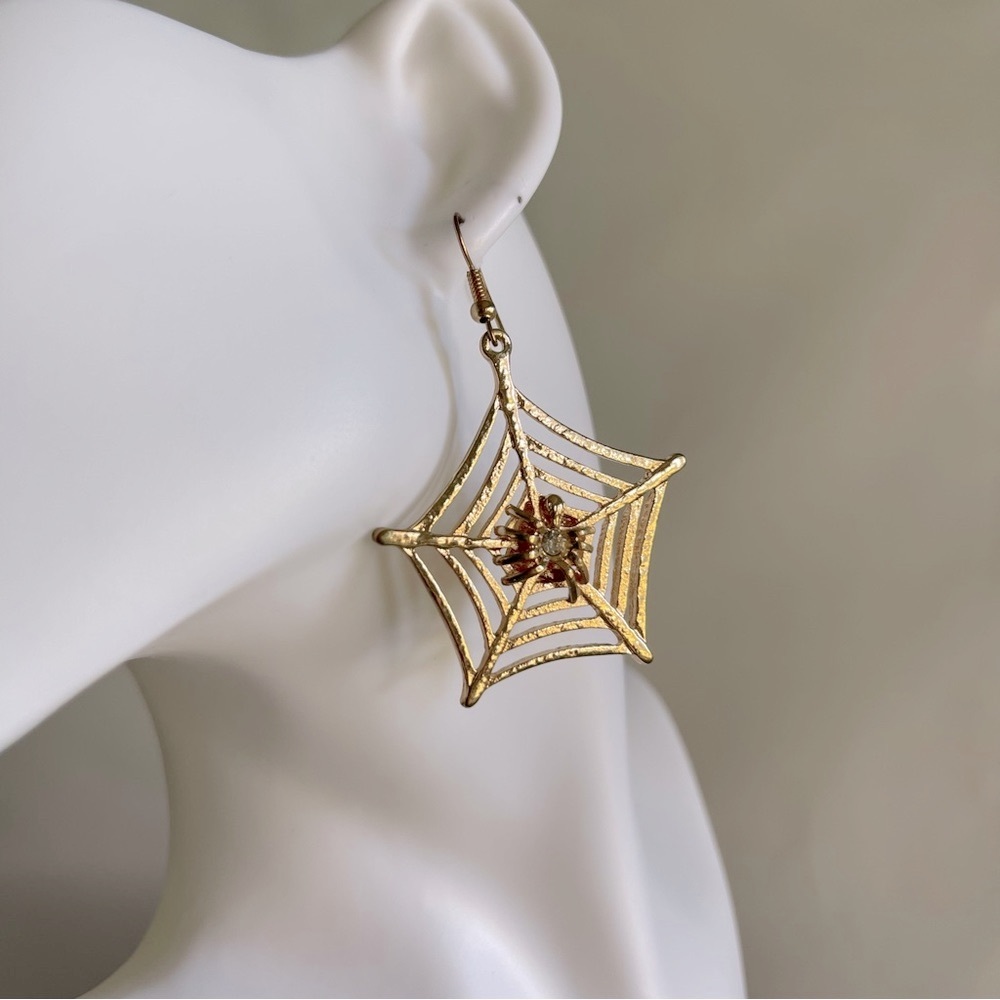 Gold Spider Web And Clear Rhinestone Hook Earrings